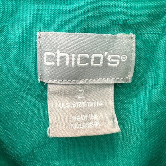 CHICO’S | Bright Green Linen Blend Satin Trim Popover Blouse | Size 2 Large - Picture 6 of 7